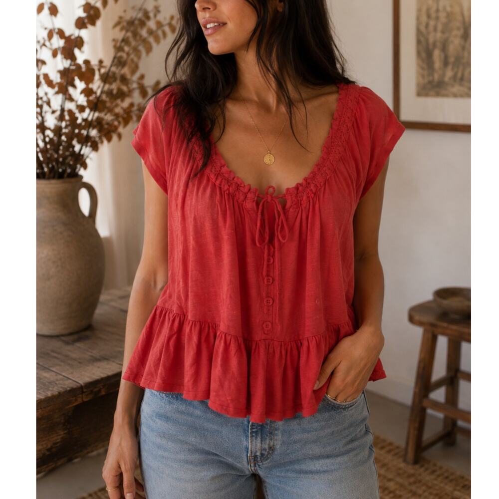 NWT Free People Charlie Ruffle Tie Front Blouse Red Boho Peplum Flutter Sleeve